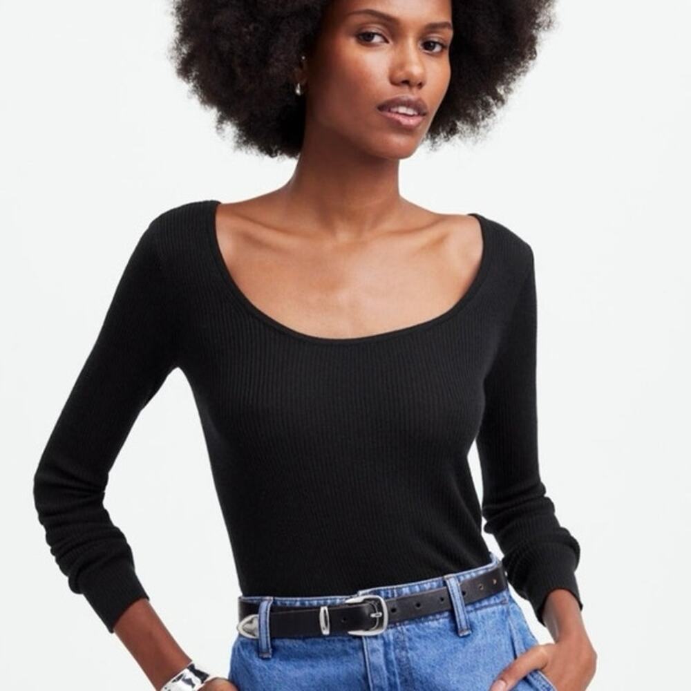 Madewell XXS Black Merino Wool Silk Scoopneck Slim Fit Sweater Lightweight